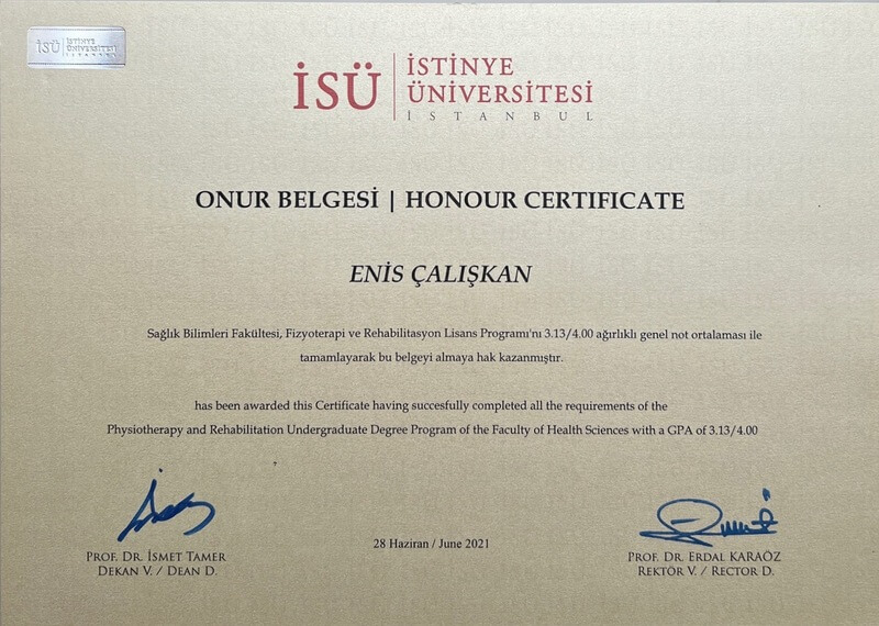 İstinye Üniversitesi Onur Belgesi